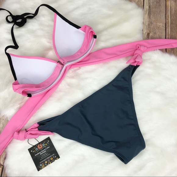 Bright Pink & Charcoal Gray Criss Cross Bikini - Picture 3 of 5